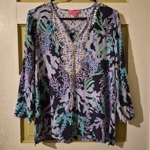Lilly Pulitzer Navy Aqua Lavender Beaded V-Neck Tunic